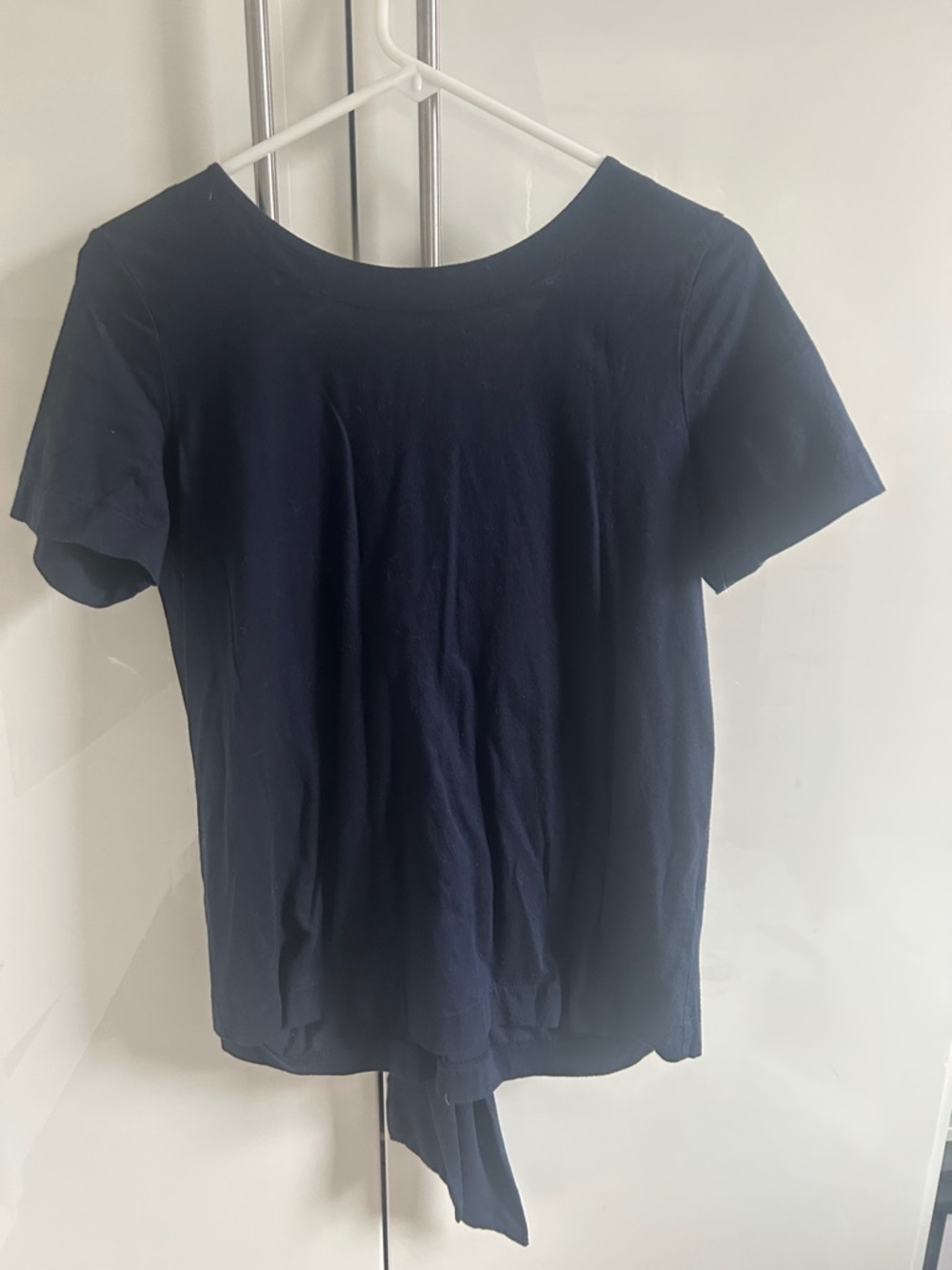 J Crew Women’s Classic Navy Short-Sleeve Crewneck Top with V back and bow detail